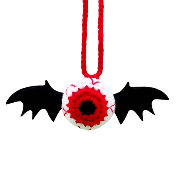 Hand Crochet Eye Pendant With Black Bat Wings Red Knit Lanyard Spooky Gothic Halloween Hanging Ornament For Car Rearview Mirror Home Decor & Holiday Gift(Black-13X4cm)