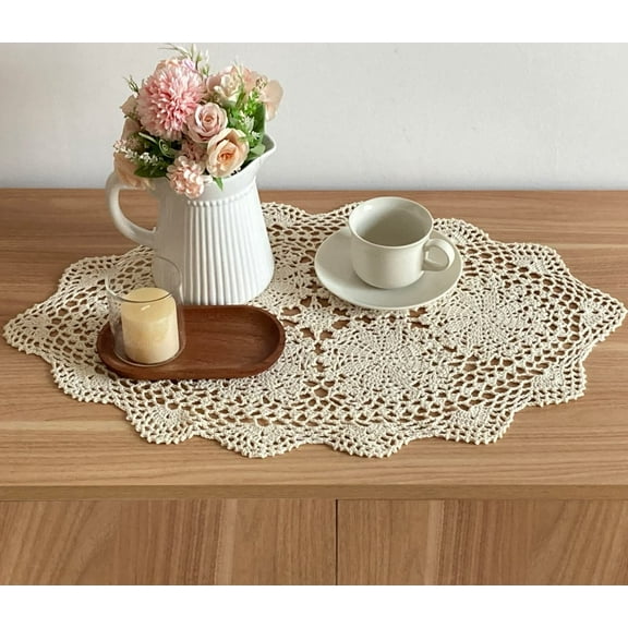 Hand Crochet Oval Lace Dresser Scarf Table Runner Farmhouse Snowflake Doily Placemat