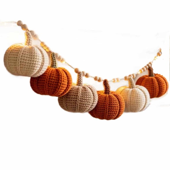 Hand Crochet Pumpkin Garland 70.8 Inch, Knitted Fall Decor with Wooden Beads for Mantel Staircase, Thanksgiving Halloween Harvest Hanging Decoration