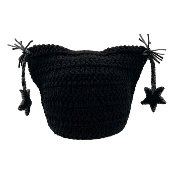 Hand Crocheted Cat Ear Beanie for Women and Men Star Pattern Striped Wool Ear Cap Sweet Stylish Winter Warm Knit Hat