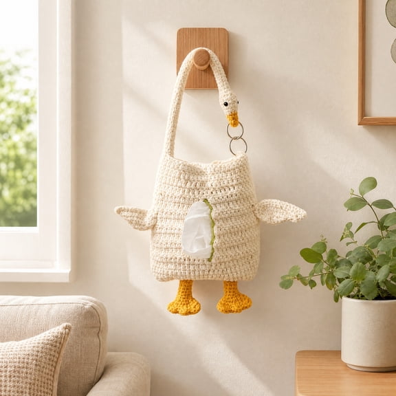 Hand Crocheted Goose Tissue Hanging Bag with Front Outlet and Adjustable Strap for Car Home Decor