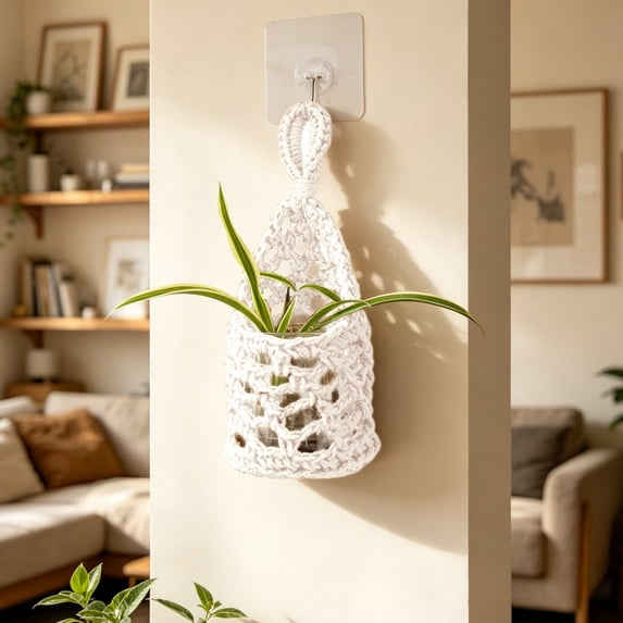 Hand Crocheted Hollow Mesh Wall Hanging Plant Hanger Basket, Boho Cotton Linen Woven Vertical Storage Holder For Mini Potted Greenery & Small Household Sundries, Beige(7.8*3.9 in)