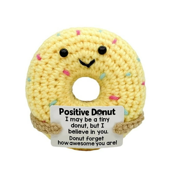 Hand-Crocheted Knitted Wool Donut Plush Toy With Smiling Face And Colorful Decorative Elements, Positive Message Tag For Emotional Support Gifting Experience, Ideal For Friends