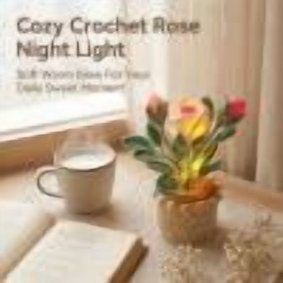 Hand-Crocheted Rose Potted Night Light, Warm Embedded LED Soft Glow, Battery Operated for Bedroom Nursery, Romantic Home Decor Gift