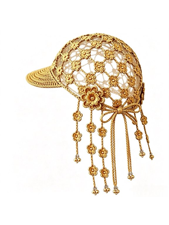 Hand‑Crocheted Sunflower Headwear Crocheted Knit Baseball Cap Bohemian Tassel Bell Hat