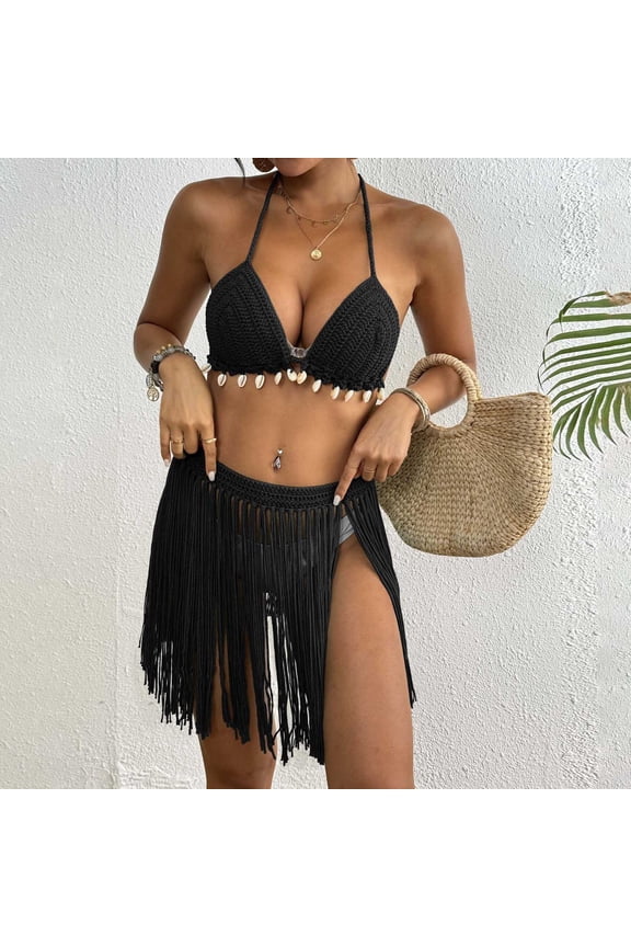 Hand Crocheted Women’s Two Piece Set Patchwork Fringe Bikini Top And Skirt Outfit Bikini for Women Hair Bikinis for Big Busted Women Cat Bikini Rainbow Bikini Top Trendy Bikinis for Women Swimsuit for