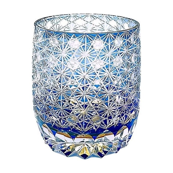 Hand Cut Edo Tokyo Kiriko Crystal Glass Rocks Whiskey Brandy Cocktail Cold Drinkware 11oz Blue