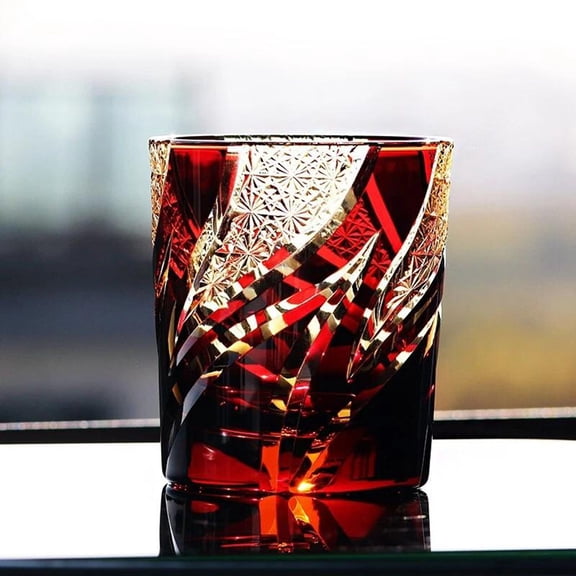 Hand-Cut Japanese Edo Kiriko Amber-red Flaming Whisky Glass - Artisanal Colored Crystal Craft Cocktail Glass for Bourbon, Scotch, Old Fashioned