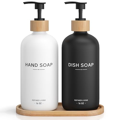 Hand and Dish Soap Dispenser Set,16oz Glass Bottles with Printed Labels, Bamboo Tray & Pump,Countertop Soap Dispensers for Kitchen,Luxury, Minimalist & Farmhouse Decor