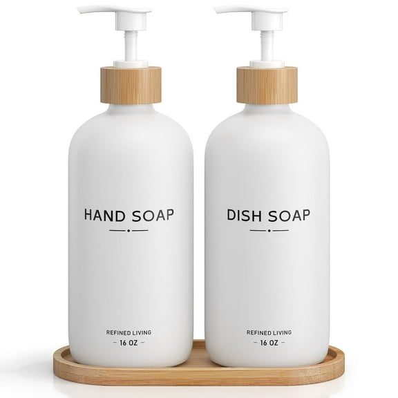 Hand and Dish Soap Dispenser Set,16oz Glass Bottles with Printed Labels, Bamboo Tray & Pump,Countertop Soap Dispensers for Kitchen,Luxury, Minimalist & Farmhouse Decor
