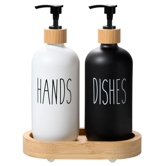 Hand and Dish Soap Dispenser Set, Dish Soap Dispenser for Kitchen with Thickened Tray, Glass Kitchen Soap Dispenser Set with Pump, Suitable for Modern Farmhouse Decor (Black & White)