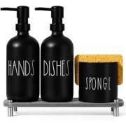 Hand and Dish Soap Dispenser Set, Kitchen Soap Dispenser Set with Sponge Holder, Black Glass Dish Soap Dispenser for Kitchen with Pump, Instant Dry Tray, 17 fl oz Farmhouse Kitchen Decor