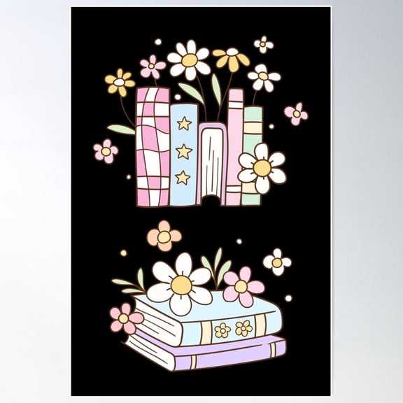 Hand Draw Books With Flowers Poster Wall Art, Poster Only