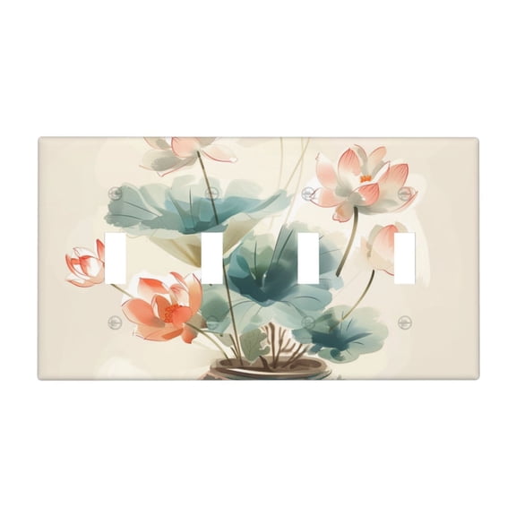 Hand Drawing Flowers Switch Cover Decorative Wall Plate / 4-Gang 4-Toggle / Standard Size 4.5x8 in