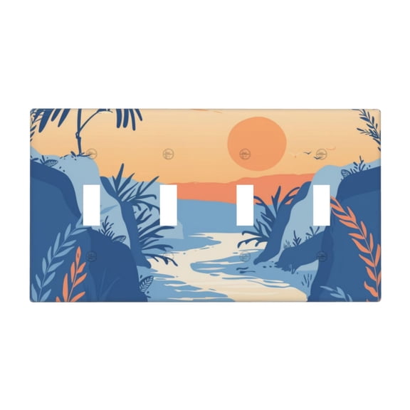 Hand Drawing River Switch Cover Decorative Wall Plate / 4-Gang 4-Toggle / Standard Size 4.5x8 in