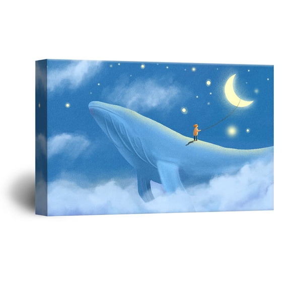 Hand Drawing Style Mystical Boy Reaching for the Moon on a Blue Whale Gallery 24x36 inches