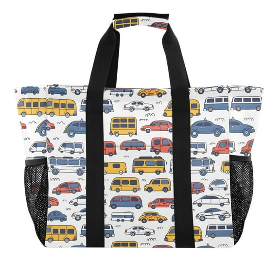 Hand Drawing Vehicles Reusable Grocery Bags with Handle Side Pocket Waterproof Shopping Portable Tote