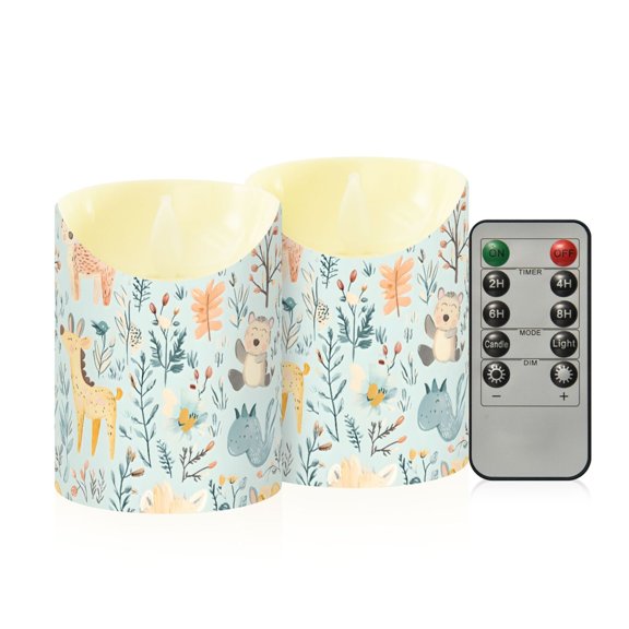 Hand Drawn Animal Pattern Flameless Candles 2 PCS with Remote Realistic Moving Flame LED Tapered Pillar Set for Home Decor