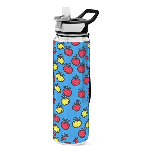 Hand Drawn Apples Pattern 1000ml Tritan Sport Bottle Straw LeakProof Food-Grade Portable Wide Handle