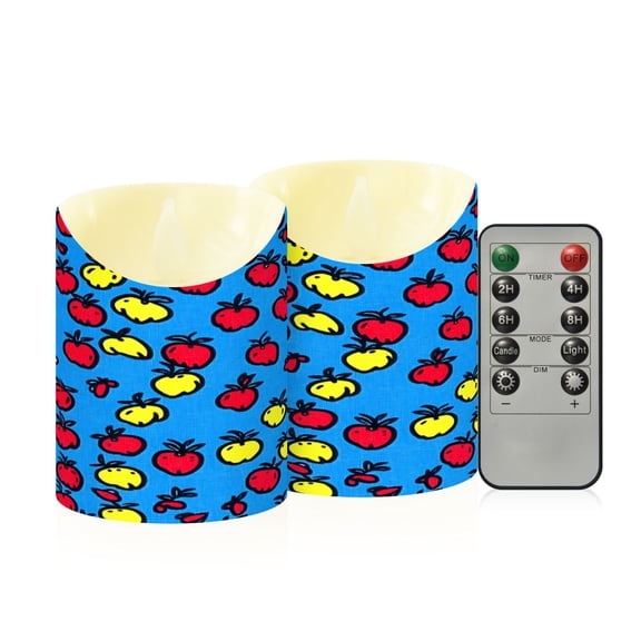 Hand Drawn Apples Pattern Flameless Candles 2 PCS with Remote Realistic Moving Flame LED Tapered Pillar Set for Home Decor