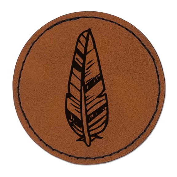 Hand Drawn Artsy Feather 2.5" Faux Leather Round Engraved Iron-On Patch - Brown