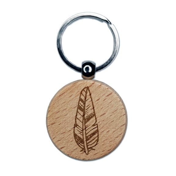 Hand Drawn Artsy Feather Round Keychain Charm Tag - Engraved Wood