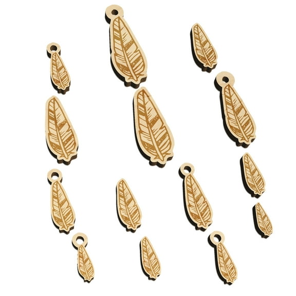 Hand Drawn Artsy Feather Wood Mini Charms Shapes DIY Craft Jewelry - With Hole - Various Sizes (16pcs)