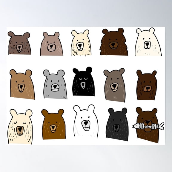Hand Drawn Bear Faces Poster Wall Art , Poster Print Only