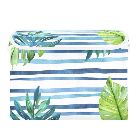 Hand Drawn Blue Stripes Plam Leaves Foldable Storage Bin with Lid and Handle Collapsible Storage Box 16.5 x 12.6 x 11.8 inches