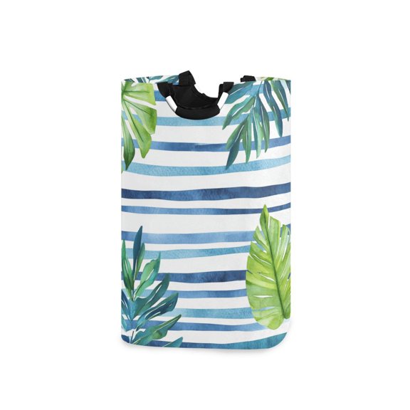 Hand Drawn Blue Stripes Plam Leaves Laundry Basket with Handles Foldable Laundry Hamper Freestanding Washing Bin 50L