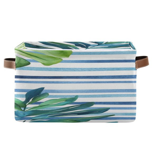 Hand Drawn Blue Stripes Plam Leaves Square Storage Bins with Handles Collapsible Containing Box 1 Pack