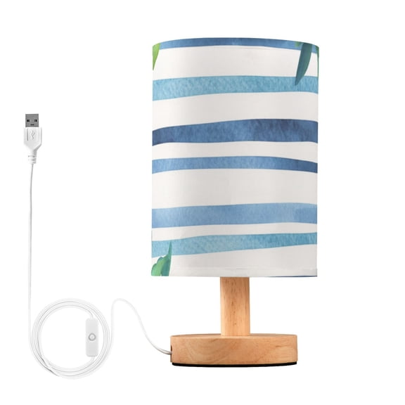 Hand Drawn Blue Stripes Plam Leaves Table Lamp with USB Port LED Warm Light Lamp Night Light Home Decor
