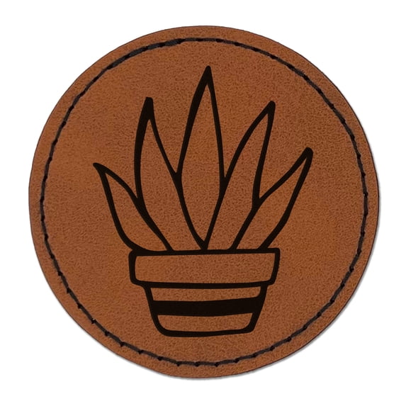 Hand Drawn Cactus Succulent Doodle 2.5" Faux Leather Round Engraved Iron-On Patch - Brown