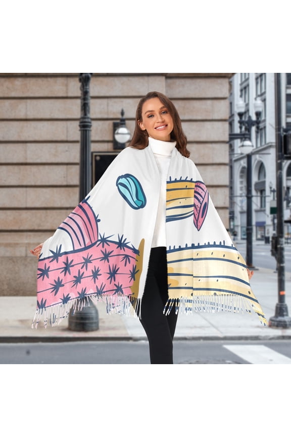 Hand Drawn Cactus Winter Scarf for Women Fashion Warm Long Soft Blanket Scarves Gifts
