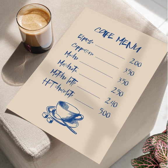 Hand Drawn Cafe Menu Blue Coffee Bar Station Kitchen Lover, Unframed Poster
