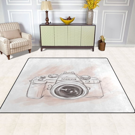 Hand Drawn Camera 80''x58'' Extra Large Plush Memory Foam Rug, Soft, Absorbent, Non Slip