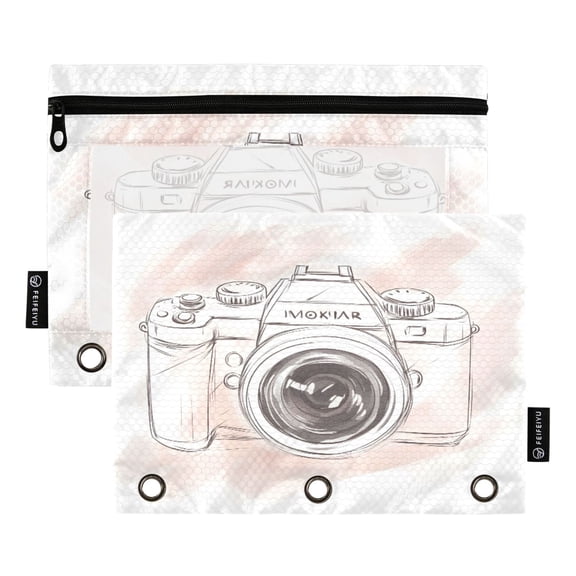 Hand Drawn Camera 9.8x7.1in Water Resistant Binder Pouch, 3-Ring Compatible, Transparent Front
