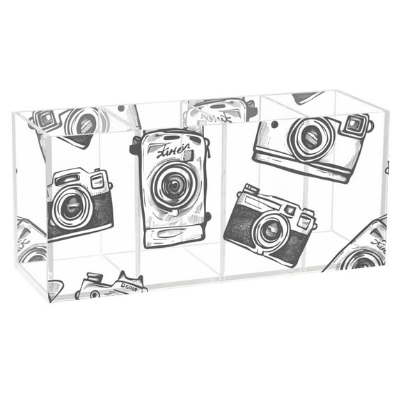 Hand Drawn Camera Acrylic Pencil Pen Holder Cup 4 Compartments Desktop Organiser 7.87"x2.78"x3.54"