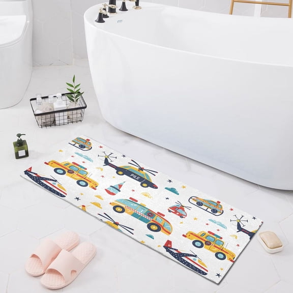 Hand Drawn Car Helicopter Bath Mat 39x20 Non-Slip Bathroom Rugs Absorbent Soft Plush Quick Dry for Tub Shower Kitchen Home Decor
