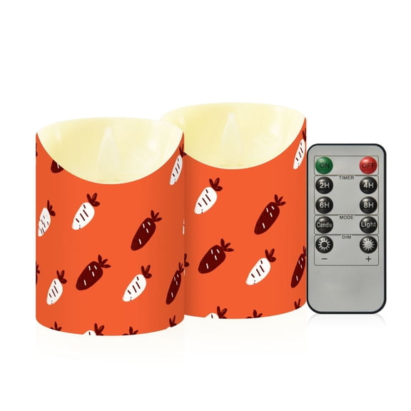 Hand Drawn Carrot Pattern Flameless Candles 2 PCS with Remote Realistic Moving Flame LED Tapered Pillar Set for Home Decor