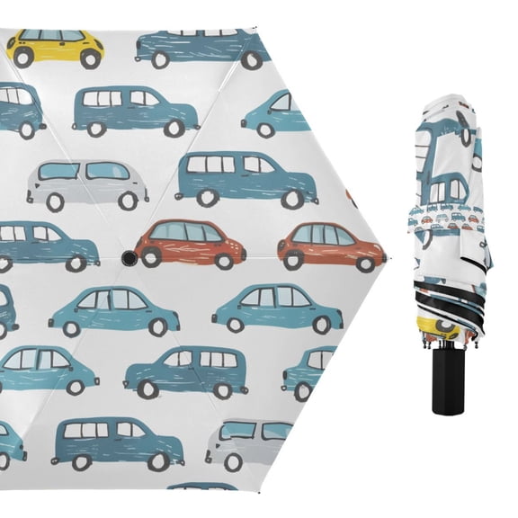 Hand Drawn Cars Compact Sun Umbrella Windproof Travel Umbrellas for Rain Strong Portable UV Protection