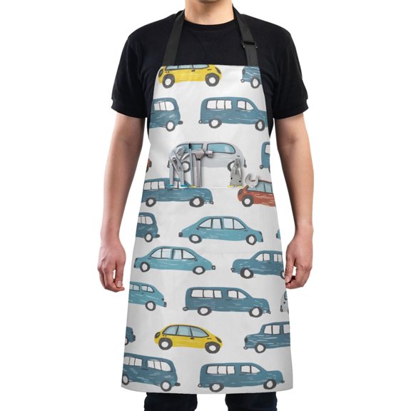 Hand Drawn Cars Kitchen Apron with 2 Pockets Adjustable waterproof Cooking Aprons for Women Men Chef