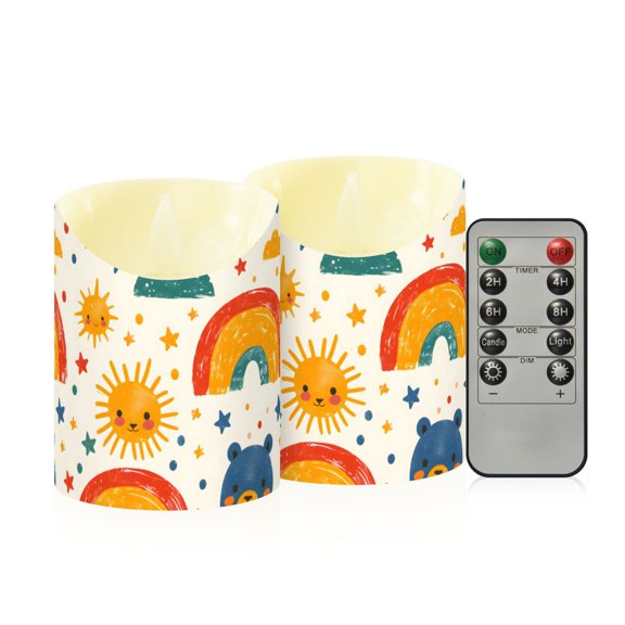 Hand Drawn Cartoon Pattern Flameless Candles 2 PCS with Remote Realistic Moving Flame LED Tapered Pillar Set for Home Decor