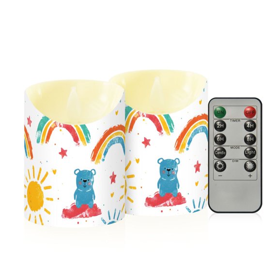 Hand Drawn Cartoon Pattern Flameless Candles 2 PCS with Remote Realistic Moving Flame LED Tapered Pillar Set for Home Decor