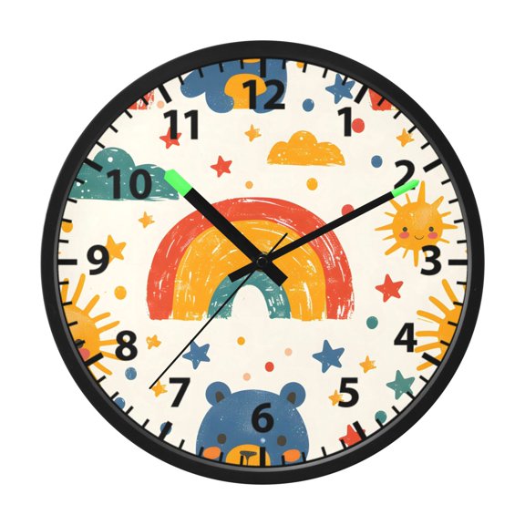 Hand Drawn Cartoon Pattern Wall Clock 12 Inch Voice Activated Night Light Silent Non Ticking