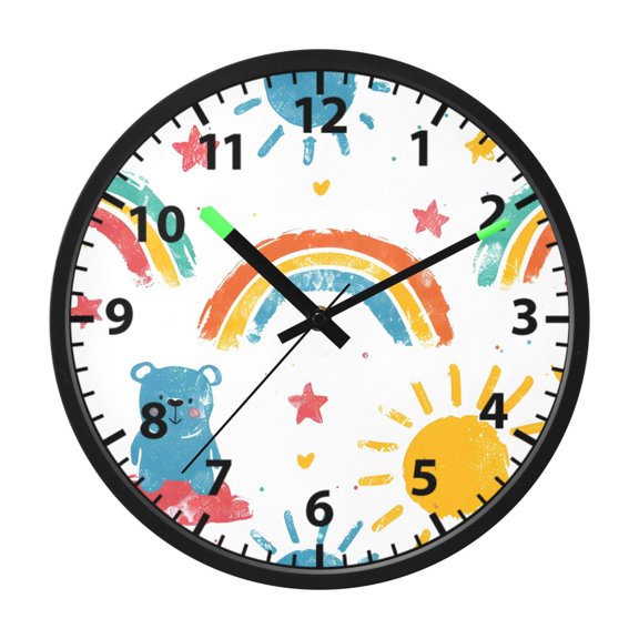 Hand Drawn Cartoon Pattern Wall Clock 12 Inch Voice Activated Night Light Silent Non Ticking