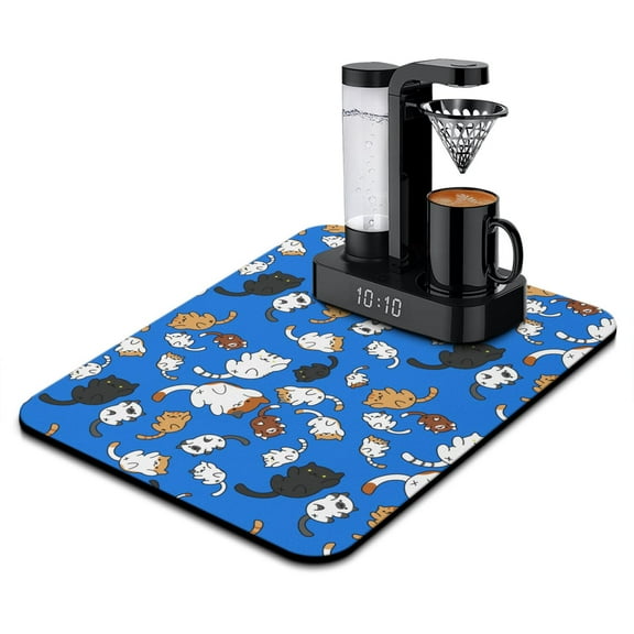 Hand-Drawn Cat Coffee Bar Mat - Watercolor Cat Print Absorbent Kitchen Counter Mat for Espresso Machines
