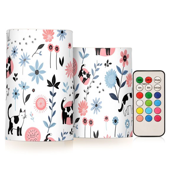 Hand Drawn Cat Flower Flickering Flameless Candles Battery Operated with Remote Timer LED Pillar Candles Set of 2
