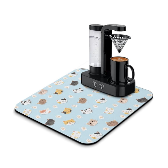 Hand-Drawn Cat Graphic Coffee Bar Mat - Funny Cat Illustration Absorbent Non-Slip Mat for Coffee Counters