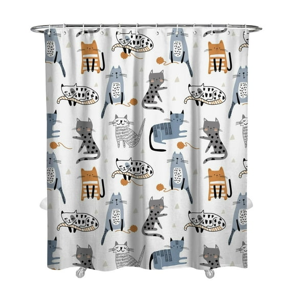 Hand-Drawn Cat Shower Curtain - Adorable Cat-Themed Print, Waterproof & Quick-Dry, 72x84 Inch, Machine Washable